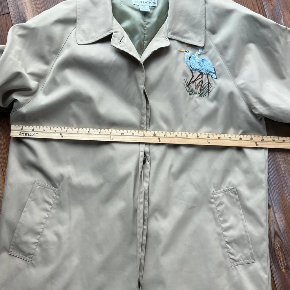 National Wildlife Federation Trench Coat Lined Embroidered Herons Tan Medium - Picture 12 of 12